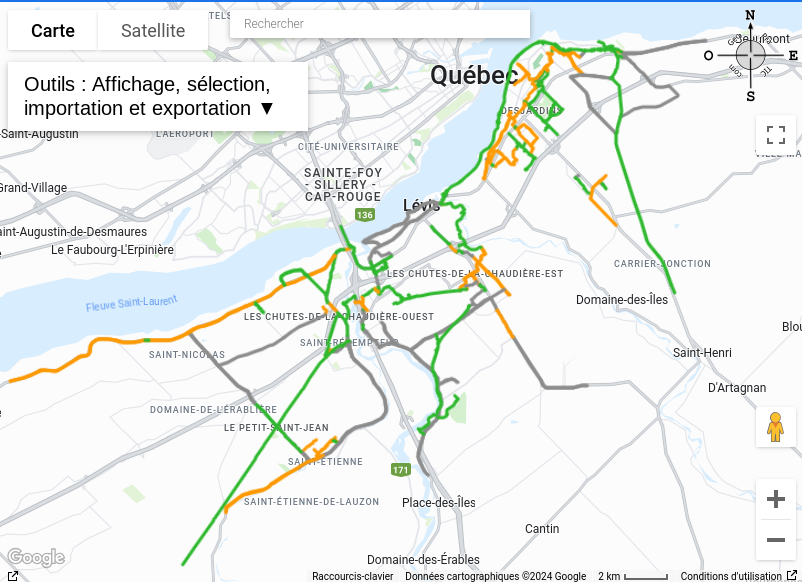 Carte miniature du réseau cyclable de la ville de Lévis