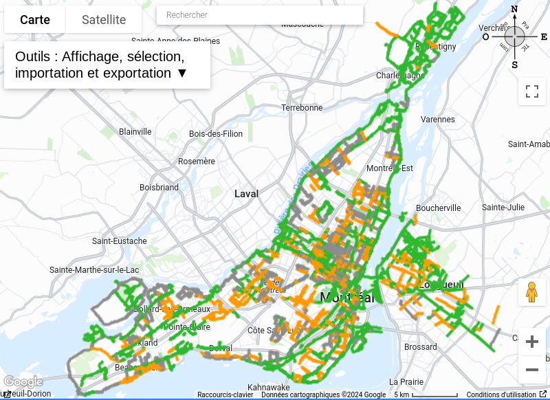 Carte miniature des réseaux cyclables de Montréal, Longueuil et Repentigny